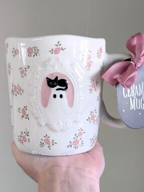 Portrait Style Ghost w/ Rose Design Pinkoween Mug by Sunday Morning Ceramics👻🌹